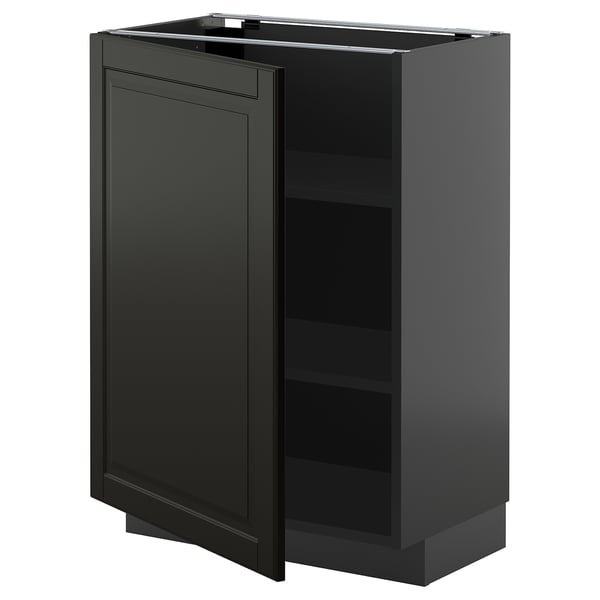 Black kitchen cabinet with single door, modern bevelled design, adjustable shelves, metallic hinges.