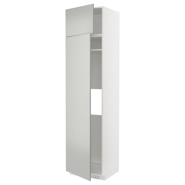 White tall storage cabinet, modern design with grey shelves.