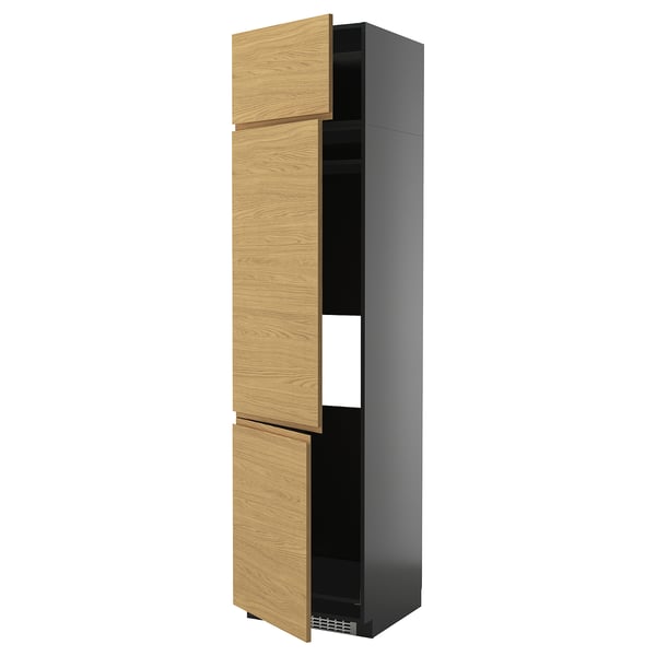 METOD kitchen cabinet, oak voxtorp doors, minimalist design, narrow rectangular shape with three open sections.