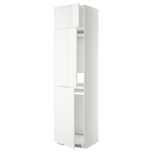 White tall storage cabinet with adjustable shelves, sleek modern design, high gloss finish.