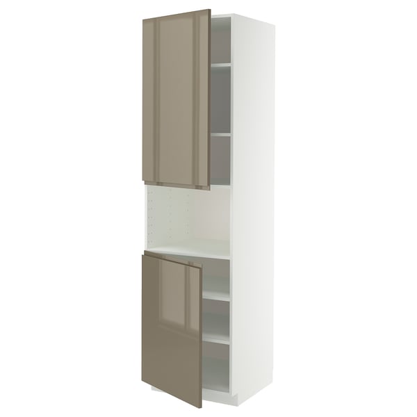 Modern tall kitchen cabinet with high gloss dark grey-brown doors, featuring sleek handles and adjustable shelves.