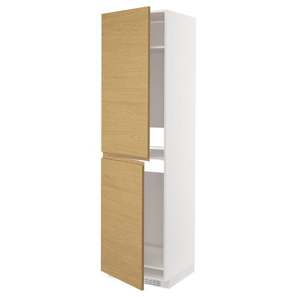 Ikea METOD kitchen cabinet, white and oak, tall, two-section doors.