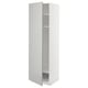 White upright kitchen cabinet, modern minimalist design, light grey, high with one open door revealing shelves and basket.