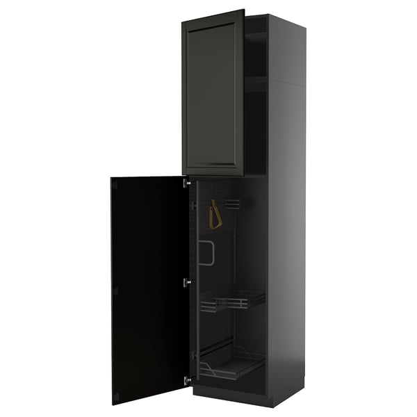 Black kitchen cabinet with open door, modern bevelled design, metallic fittings, pull-out shelves.