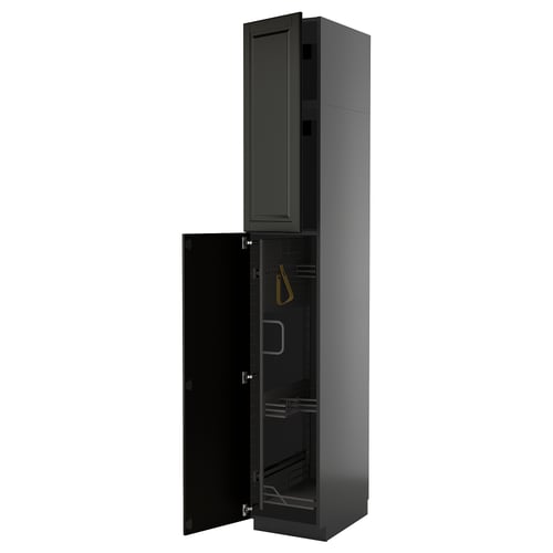 Black METOD kitchen cabinet with bodbyn fronts, bevelled edges, and open door.