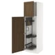 A white METOD kitchen cabinet with walnut wooden doors, open to reveal pull-out organisers inside.