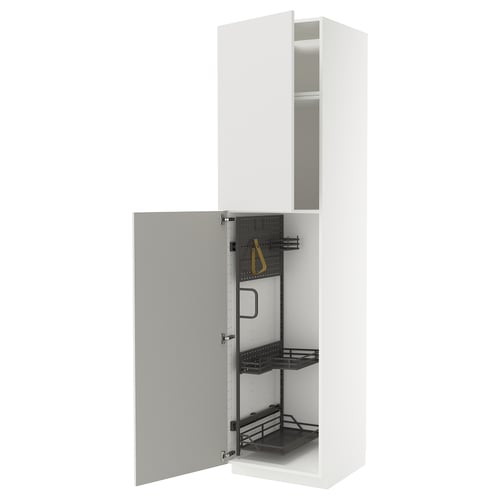 White METOD kitchen cabinet with grey glossy door, metal interior, adjustable shelves.