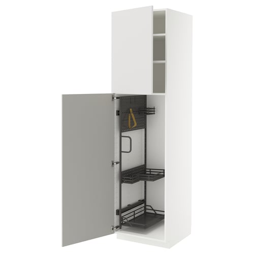 White METOD kitchen cabinet, grey interior, pull-out shelves.