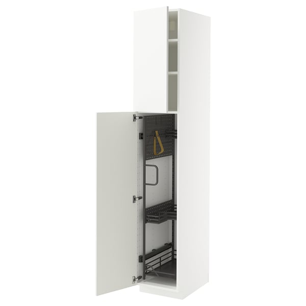 White METOD kitchen cabinet with open door, high gloss finish, sturdy frame.