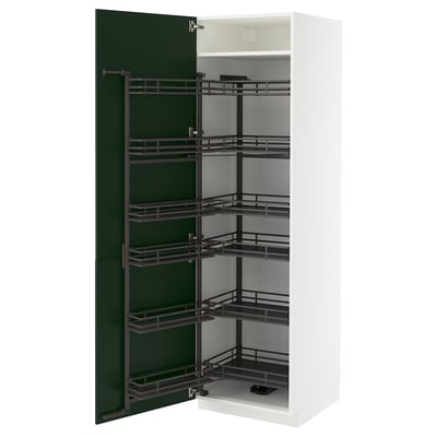 Modern kitchen cabinet, white with green door, multiple pull-out shelves.