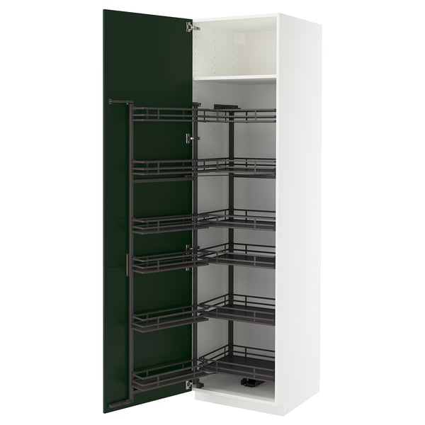 Green pull-out shelves in white cabinet.