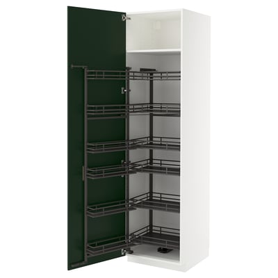 Green pull-out shelves in white cabinet.