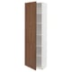 A white ikea METOD tall cabinet with an open walnut door displaying adjustable shelves.