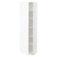 A white METOD kitchen cabinet with a wood-like finish. Its tall with a rectangular shape, featuring an open door and adjustable shelves.