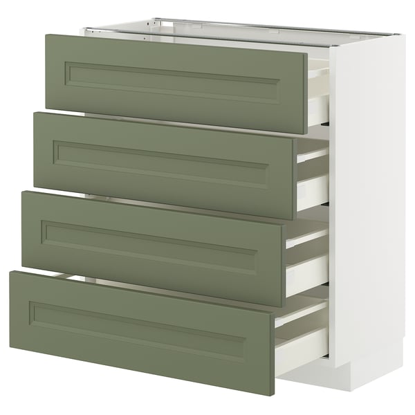 A green and white METOD kitchen storage unit with four drawers and shelves.