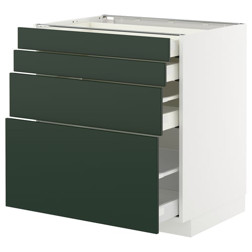 Displays a modern, white kitchen cabinet with dark green drawers in a sleek, minimalist design.