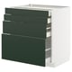 Displays a modern, white kitchen cabinet with dark green drawers in a sleek, minimalist design.