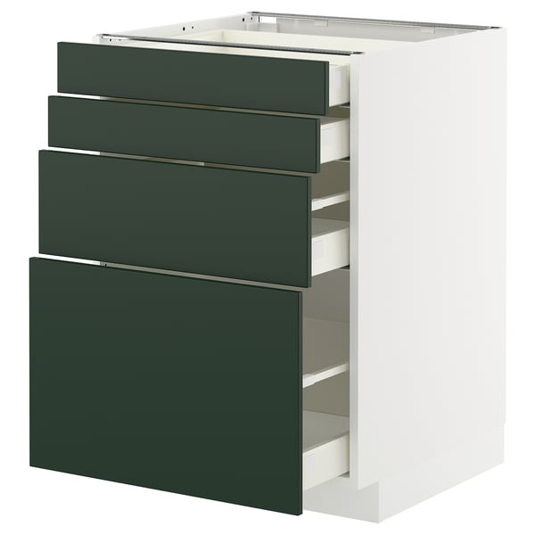 Ikea METOD kitchen unit: dark green drawers, white frame, modern, 4 pull-out drawers.