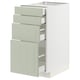 A green METOD kitchen cabinet with multiple drawers and doors. It a light green, textured finish and a modern design.