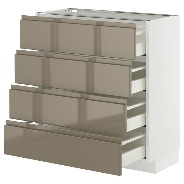 Modern white kitchen cabinet with four high-gloss dark gray-brown drawers.