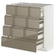 Modern white kitchen cabinet with four high-gloss dark gray-brown drawers.