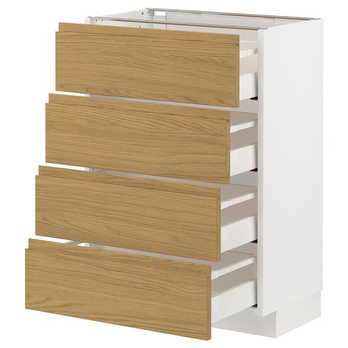 Modern kitchen cabinet with four wooden drawers in light oak finish, white frame, and minimalist design.