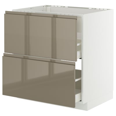 Modern kitchen cabinet with sleek, high-gloss dark grey-brown drawers featuring integrated handles, offering a contemporary and elegant look.