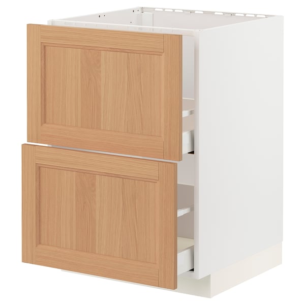 Ikea METOD kitchen cabinet with two oak drawers and white frame.