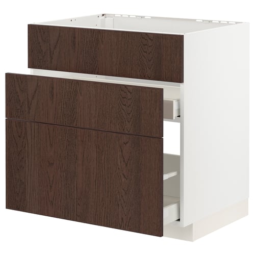Dark wood drawers, white base, modern kitchen cabinet.