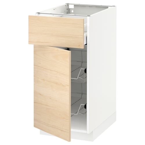 A white ikea METOD kitchen cabinet with a light ash wood drawer and interior wire racks.