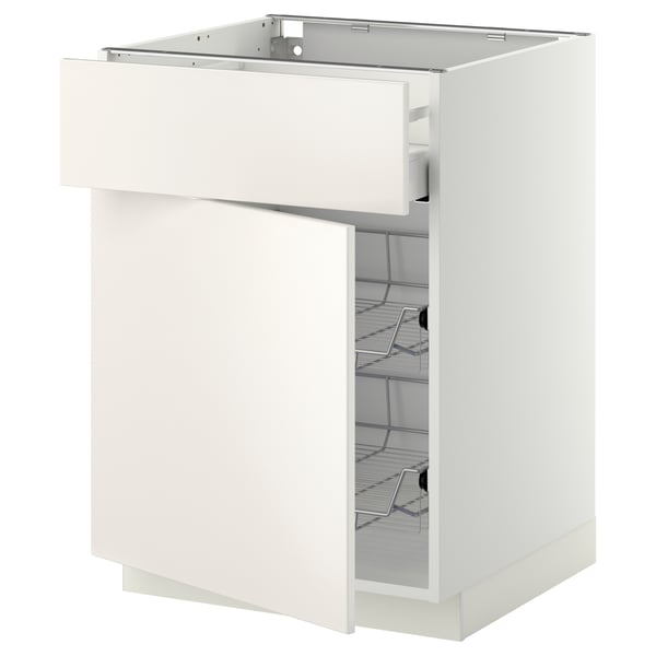 White METOD kitchen cabinet with drawer, modern design, wire basket, smooth finish.