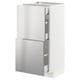 Displays a white METOD kitchen cabinet with stainless steel doors and drawers, featuring a sleek, modern design.