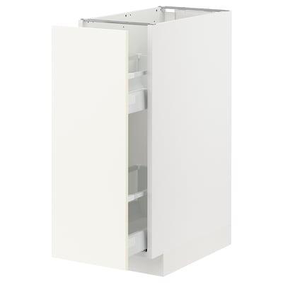 A white METOD kitchen cabinet with pull-out shelves. Its rectangular, modern, and minimalistic.