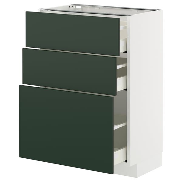 Modern green METOD kitchen cabinet with three drawers, sleek design, white frame.