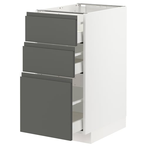 METOD kitchen unit in grey with three drawers.
