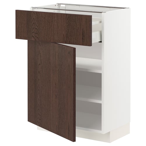 Modern kitchen unit: white & dark wood, open drawer, three shelves.