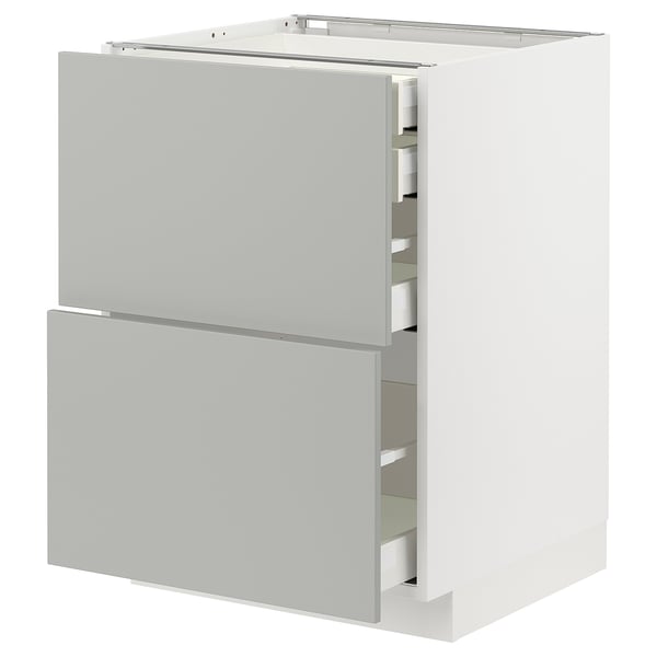 White METOD kitchen cabinet with grey drawers and doors.