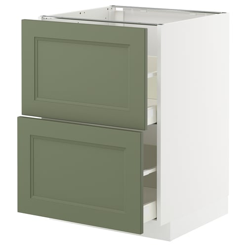 METOD kitchen cabinet in sage green with two drawers and shelves, modern design.
