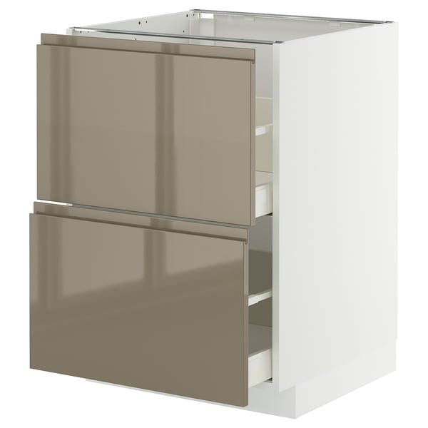 An ikea METOD kitchen unit with sleek, high-gloss dark grey-brown drawers and a white base, showcasing modern and elegant design.