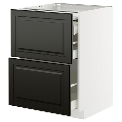 Modern black-finished kitchen cabinet with multiple drawers and shelves.