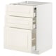 White kitchen cabinet with three open drawers, showing modern design and off-white finish.