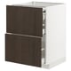 Modern white kitchen cabinet with dark brown wooden drawers.