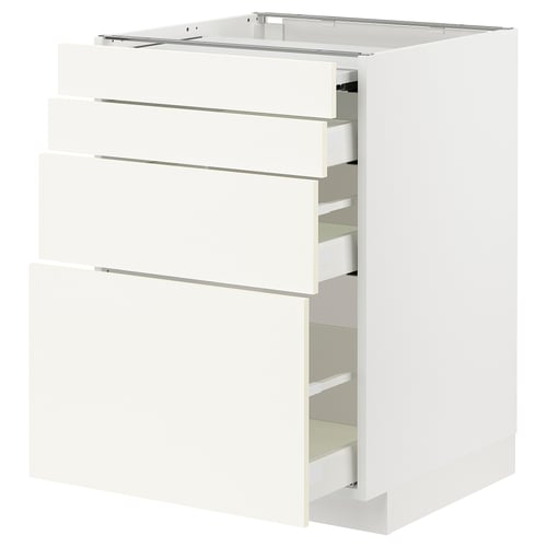 A white METOD kitchen cabinet with three drawers and an open shelf. It a sleek, modern design with a smooth finish.