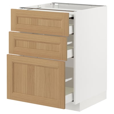 METOD kitchen unit in white & oak, three wooden drawers, robust frame.