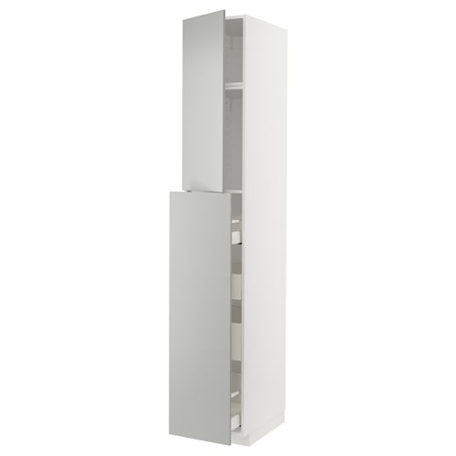 A tall, white METOD kitchen cabinet with mirrored doors and multiple shelves inside. Its sleek and modern, perfect for kitchen storage.
