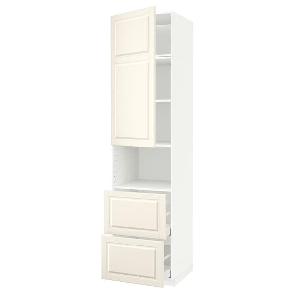 A white METOD kitchen cabinet with off-white bevelled doors and drawers. It includes two drawers and two shelves.