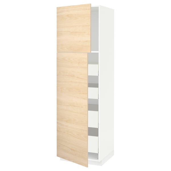 Open light ash wooden kitchen cabinet with white interior and shelves.