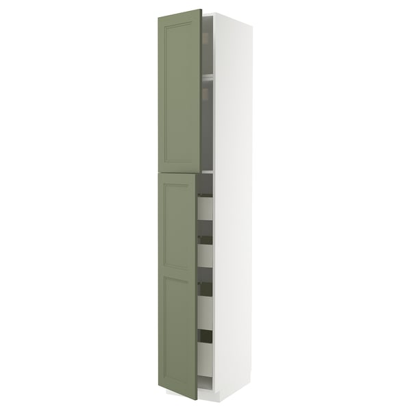 An open, tall kitchen cabinet with green and white colours, featuring drawers and shelves.