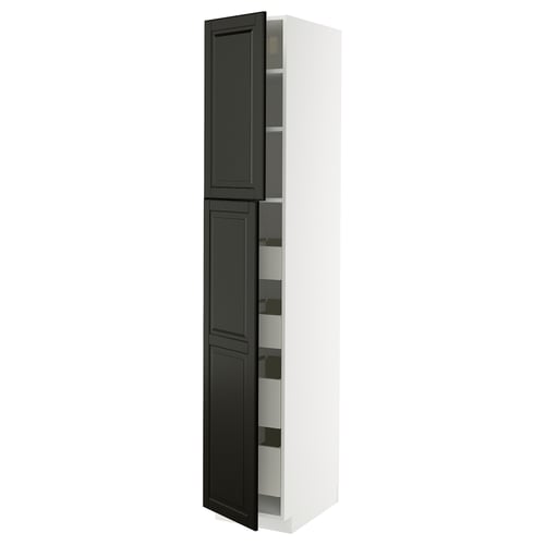 A tall METOD kitchen cabinet with black bodbyn doors and white frames. It has multiple shelves inside.