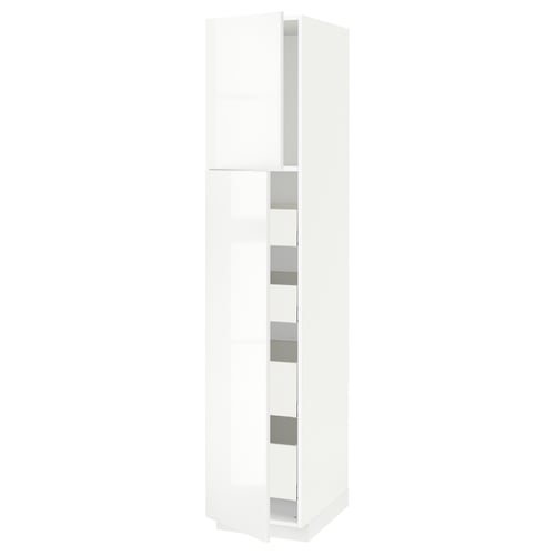 A white METOD kitchen cabinet. It a high gloss finish and offers a sleek, modern look with multiple shelves.